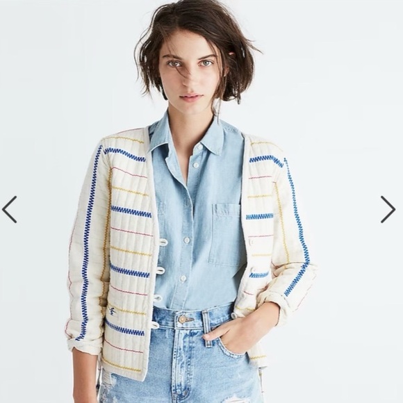 Madewell Jackets & Blazers - Madewell Quilted Side Tie Jacket XS Stripe Embroidered Cotton Coastal Boho